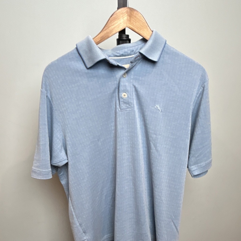 Tommy Bahama Men's M Light Blue Check Polo Shirt Regular Fit Short Sleeve